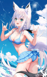 Rule 34 | 1girl, absurdres, ahoge, animal ear fluff, animal ears, arms up, bikini, bikini skirt, black bow, blue bikini, blush, bow, braid, breasts, cloud, cloudy sky, commentary, day, double fox shadow puppet, fox ears, fox girl, fox shadow puppet, fox tail, green eyes, hair between eyes, hair bow, highres, hololive, kazuna (minekazuna), long hair, looking at viewer, looking back, ocean, open mouth, outdoors, pentagram, shirakami fubuki, shirakami fubuki (hololive summer 2019), sidelocks, single braid, sky, small breasts, smile, swimsuit, tail, virtual youtuber, wading, white hair