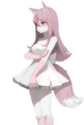 Rule 34 | 1girl, animal ears, back bow, bare shoulders, bow, brand new animal, breasts, claws, closed mouth, collarbone, crayon (crayon1006), dress, female focus, fox ears, fox tail, frilled dress, frills, furry, furry female, hair between eyes, hand up, highres, hiwatashi nazuna, long hair, multicolored hair, pink hair, red eyes, short dress, simple background, sleeveless, sleeveless dress, small breasts, solo, spaghetti strap, standing, streaked hair, tail, white background, white dress