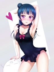 Rule 34 | 10s, 1girl, arm behind head, arm up, armpits, black neckwear, black one-piece swimsuit, blue hair, blunt bangs, blush, bow, breasts, casual one-piece swimsuit, ckst, cleavage, contrapposto, covered navel, cowboy shot, di gi charat, frilled swimsuit, frills, gema, grey background, hair bun, heart, highres, long hair, looking at viewer, love live!, love live! school idol festival, love live! sunshine!!, medium breasts, one-piece swimsuit, parted lips, pink bow, purple eyes, side bun, single hair bun, single side bun, smile, solo, standing, swimsuit, tsushima yoshiko