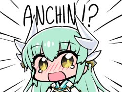 Rule 34 | 1girl, aqua hair, aqua kimono, artist request, blush, chibi, dragon girl, dragon horns, english text, fate/grand order, fate (series), green hair, hair between eyes, horns, japanese clothes, kimono, kiyohime (fate), long hair, looking at viewer, multiple horns, open mouth, solo, surprised, tearing up, yellow eyes