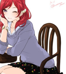 Rule 34 | 10s, 1girl, bad id, bad pixiv id, black skirt, blouse, chair, collarbone, elbow rest, from side, looking at viewer, love live!, love live! school idol festival, love live! school idol project, nishikino maki, one eye closed, purple eyes, purple sweater, red hair, shiratama (shiratama gold), shirt, short hair, sitting, skirt, skirt set, smile, solo, sweater, table, white shirt