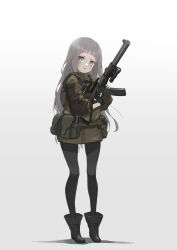 Rule 34 | 1girl, absurdres, as val, assault rifle, automatic rifle, body armor, boots, bulletproof vest, commentary, flashlight, full body, gloves, gorka, green eyes, gun, highres, holding, holding gun, holding weapon, integral suppressor, integrally-suppressed firearm, jacket, kalashnikov rifle, load bearing equipment, long hair, oota youjo, original, pantyhose, parted lips, rifle, silver hair, simple background, solo, standing, suppressor, tactical light, toz (tulsky oruzheiny zavod), trigger discipline, tsniitochmash, tula arms plant, weapon