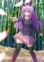Rule 34 | 1girl, animal ears, bamboo, bamboo forest, black thighhighs, blazer, commission, crescent, crescent pin, finger gun, forest, highres, jacket, kazenokaze, legs apart, long hair, nature, necktie, parted lips, pink skirt, pleated skirt, purple hair, rabbit ears, red eyes, red necktie, reisen udongein inaba, skirt, solo, thighhighs, thighs, touhou, v-shaped eyebrows, zettai ryouiki