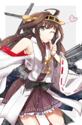 Rule 34 | 10s, 1girl, brown eyes, brown hair, hairband, heart, kantai collection, kongou (kancolle), kotono, long hair, looking at viewer, machinery, nontraditional miko, one eye closed, skirt, solo, wink