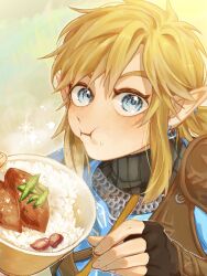 Rule 34 | 1boy, :i, armor, black gloves, black shirt, blonde hair, blue eyes, blue shirt, blush, bowl, chainmail, cheek bulge, chewing, earrings, eating, fingerless gloves, food, food on face, fork, gloves, gradient background, hair tie, hands up, highres, holding, holding bowl, holding food, holding fork, jewelry, link, looking at viewer, male focus, medium hair, nintendo, pointy ears, ponytail, ribbed shirt, rice, rice on face, riku (ri1k63), shirt, sidelocks, simple background, single shoulder pad, solo, sparkle, steam, the legend of zelda, the legend of zelda: tears of the kingdom, undershirt, vambraces