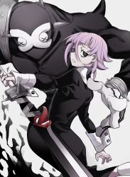 Rule 34 | 1other, a tama (pakpak tkg), absurdres, androgynous, black dress, black eyes, blunt bangs, bracelet, crona (soul eater), dress, hair between eyes, highres, holding, holding sword, holding weapon, jewelry, long dress, outline, pink hair, ragnarok (demon sword), short hair, soul eater, spiked bracelet, spikes, sword, unhappy, weapon, white background, white outline