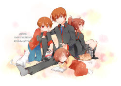 Rule 34 | 2boys, 2girls, back-to-back, brother and sister, brown hair, cat, dual persona, lennon, little busters!, long hair, looking back, misaki juri, multiple boys, multiple girls, natsume kyousuke, natsume rin, overalls, ponytail, red eyes, school uniform, short hair, siblings, sitting, sleeping, sleeping on person, time paradox
