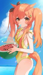 Rule 34 | 1girl, alternate costume, alternate hairstyle, animal ears, ball, beachball, blush, breasts, cleavage, food, food in mouth, highres, horse ears, horse tail, inuyama nanami, mayano top gun (umamusume), ocean, one-piece swimsuit, orange eyes, orange hair, popsicle, sky, solo, swimsuit, tail, umamusume, yellow one-piece swimsuit