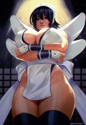 Rule 34 | 1girl, arm guards, arms under breasts, bare arms, bare shoulders, black hair, black thighhighs, bow, breasts, cleavage, crossed arms, curvy, flipped hair, from below, hip focus, indoors, iroha (samurai spirits), japanese clothes, large breasts, light, looking at viewer, maid, maid headdress, obi, pelvic curtain, rejean dubois, samurai spirits, sash, short hair, snk, solo, thick thighs, thighhighs, thighs, wide hips