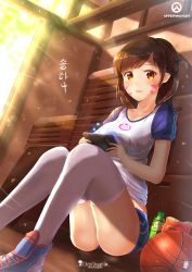 Rule 34 | 1girl, bad id, bad pixiv id, ball, brown eyes, brown hair, chinchongcha, collarbone, d.va (overwatch), day, facepaint, facial mark, gym storeroom, handheld game console, highres, indoors, long hair, looking at viewer, open mouth, overwatch, overwatch 1, shorts, sitting, swept bangs, thighhighs, whisker markings
