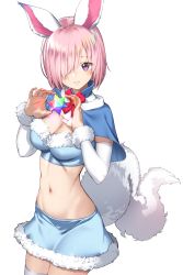 Rule 34 | 1girl, animal ears, blue bra, blue capelet, blue skirt, blush, bow, bowtie, bra, breasts, capelet, cleavage, commentary request, cosplay, cowboy shot, detached sleeves, fate/grand order, fate (series), fou (fate), fou (fate) (cosplay), fur-trimmed bra, fur-trimmed capelet, fur-trimmed skirt, fur trim, hair over one eye, highres, light purple hair, long sleeves, looking at viewer, mash kyrielight, midriff, navel, official alternate costume, purple eyes, red bow, red bowtie, saint quartz (fate), saruchitan, short hair, simple background, skirt, smile, solo, standing, stomach, tail, thighhighs, underwear, white background, white thighhighs