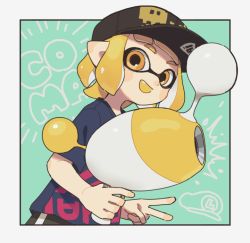 Rule 34 | 1girl, bad id, bad twitter id, black border, black hat, blonde hair, blue shirt, blunt bangs, border, check commentary, colored tongue, commentary request, dutch angle, fangs, gomi (kaiwaresan44), hat, holding, holding weapon, inkling, inkling girl, inkling player character, looking at viewer, luna blaster (splatoon), mario (series), mask, nintendo, open mouth, outside border, paint splatter, pointy ears, print headwear, print shirt, shirt, short hair, short sleeves, single vertical stripe, smile, solo, space invaders, standing, tentacle hair, upper body, weapon, yellow eyes, yellow tongue