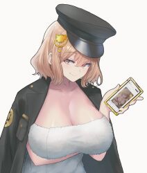 Rule 34 | 1girl, anis (nikke), arm under breasts, black coat, breasts, cellphone, cleavage, closed mouth, coat, collarbone, goddess of victory: nikke, hair ornament, hat, holding, holding phone, inset, large breasts, light blush, light brown hair, looking at viewer, mikan houri, military hat, naked towel, orange eyes, phone, short hair, smartphone, smile, solo, towel