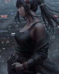 Rule 34 | 1girl, absurdres, bare shoulders, black hair, black jacket, black pants, black tank top, blurry, blurry background, breasts, breath, closed mouth, commentary, depth of field, english commentary, guweiz, hair ornament, hairclip, hands in pockets, highres, jacket, long hair, long sleeves, looking away, medium breasts, off shoulder, open clothes, open jacket, original, pants, ponytail, sidelocks, solo, tank top