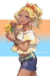 Rule 34 | 1girl, :d, amamiya elena, belt, belt buckle, blonde hair, blue belt, blue shorts, bow, bracelet, buckle, collarbone, cowboy shot, cup, dark skin, dark-skinned female, denim, denim shorts, drinking straw, earrings, flower, from side, hair bow, high ponytail, highres, holding, holding cup, jewelry, long hair, looking at viewer, midriff, nail polish, off-shoulder shirt, off shoulder, open mouth, orange nails, precure, print shirt, purple eyes, red bow, ring, shimatani azu, shirt, short shorts, short sleeves, shorts, sketch, smile, solo, sparkle, standing, star twinkle precure, sunflower, white background, white shirt, yellow flower