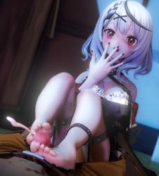 Rule 34 | 1girl, 3d, barefoot, covering own mouth, cum, ejaculation, feet, footjob, hand over own mouth, highres, hololive, long hair, looking at viewer, open mouth, red eyes, sakamata chloe, silver hair, soles, toes, virtual youtuber
