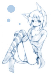 Rule 34 | 1girl, absurdres, animal ears, blue theme, cat ears, flat chest, highres, looking at viewer, majima yuki, monochrome, panties, short hair, simple background, solo, striped clothes, striped thighhighs, thighhighs, underwear, white background