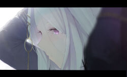 Rule 34 | 1girl, absurdres, blue archive, blush, close-up, closed mouth, from side, highres, hina (blue archive), kyatto-mikazu, letterboxed, long hair, portrait, profile, purple eyes, solo, very long hair, white hair
