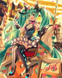 Rule 34 | 1girl, :d, asymmetrical legwear, black footwear, black legwear, black sleeves, blue skirt, blue vest, blurry, blurry background, blush, carousel, commentary request, depth of field, detached sleeves, facial mark, gloves, green eyes, green hair, hair between eyes, hair ornament, hat, hatsune miku, heart, long hair, long sleeves, looking at viewer, magical mirai (vocaloid), magical mirai miku, magical mirai miku (2019), mini hat, mini top hat, mismatched legwear, open mouth, pleated skirt, shirt, shoes, single detached sleeve, sitting, sitting sideways, skirt, sleeveless, sleeveless shirt, smile, solo, striped legwear, tilted headwear, top hat, twintails, vertical-striped legwear, very long hair, vest, vocaloid, white footwear, white gloves, white hat, white shirt, yuuka nonoko