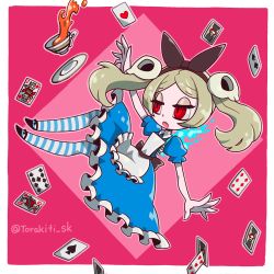 Rule 34 | 1girl, alice (alice in wonderland), alice (alice in wonderland) (cosplay), alice in wonderland, apron, bloody marie (skullgirls), bow, card, cosplay, cup, dreas, dress, fire, frilled dress, frills, full body, hair bow, hair ribbon, half-closed eyes, highres, juliet sleeves, long sleeves, open mouth, pink background, playing card, puffy sleeves, red eyes, ribbon, ribs, skeleton, skullgirls, solo, striped clothes, striped thighhighs, tea, teacup, thighhighs, torakiti sk, twintails