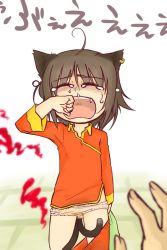 Rule 34 | 1girl, ahoge, animal ears, bad id, bad pixiv id, brown hair, cat ears, cat girl, cat tail, chen, chinese clothes, closed eyes, crying, earrings, female focus, jewelry, long sleeves, multiple tails, ogihara mach, open mouth, panties, solo, standing, tail, tears, touhou, underwear