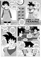 1boy 1girl breasts dragon_ball dragonball_z english_text galaspek medium_breasts monochrome ponytail short_hair son_goku text_focus translation_request videl