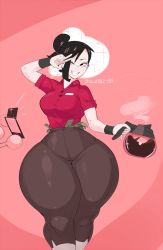 Rule 34 | 1girl, black eyes, black hair, breasts, bulumble-bee, cellphone, coffee, coffee pot, collarbone, curvy, ear piercing, english text, feet out of frame, grin, hair bun, head tilt, highres, holding, large breasts, mizuki (bulumble-bee), money, name tag, one eye closed, original, pants, phone, piercing, pink background, red shirt, shirt, sideways glance, simple background, smartphone, smile, solo, sparkle, steam, thick thighs, thighs, tucked money, waitress, wide hips, wink, wristband