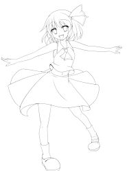 Rule 34 | 1girl, absurdres, bare shoulders, fang, greyscale, hair ribbon, highres, lineart, midriff, monochrome, navel, open mouth, outstretched arms, ribbon, rumia, simple background, solo, spread arms, touhou, white background, zefyu