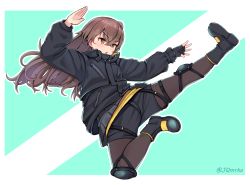 Rule 34 | &gt;:o, 1girl, boots, brown eyes, brown hair, brown pantyhose, commentary, fingerless gloves, flying kick, full body, girls&#039; frontline, gloves, green background, highres, jacket, kicking, knee pads, pantyhose under shorts, long hair, long sleeves, looking away, manme, pantyhose, shorts, single glove, solo, twitter username, two-tone background, ump45 (girls&#039; frontline), ump45 (winter journey) (girls&#039; frontline), v-shaped eyebrows, white background