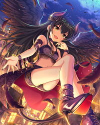 Rule 34 | 1girl, black hair, boots, fang, feathered wings, feathers, high heel boots, high heels, horns, idolmaster, idolmaster cinderella girls, matoba risa, navel, official art, solo, wings, yellow eyes