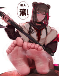 Rule 34 | 1girl, animal ears, arknights, axe, barefoot, belt collar, black collar, blue eyes, brown hair, closed mouth, collar, condom, condom wrapper, feet, fingerless gloves, foot focus, fur-trimmed jacket, fur trim, gloves, heavy breathing, highres, holding, holding axe, jacket, laserflip, legs, looking at viewer, multicolored hair, red hair, revision, simple background, single glove, soles, solo, speech bubble, steaming body, streaked hair, toes, translation request, trembling, two-tone hair, white background, zima (arknights)