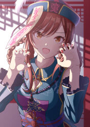 Rule 34 | 1girl, absurdres, bead necklace, beads, braid, breasts, chinese clothes, citrusmikan, claw pose, cleavage, cleavage cutout, clothing cutout, detached sleeves, dress, fangs, fingernails, frilled sleeves, frills, hair rings, hat, highres, idolmaster, idolmaster shiny colors, jewelry, jiangshi, jiangshi costume, long fingernails, long hair, looking at viewer, medium breasts, nail polish, necklace, official alternate costume, official alternate hairstyle, ofuda, open mouth, osaki amana, qingdai guanmao, red hair, sleeveless, sleeveless dress, smile, solo, swept bangs, talisman, tangzhuang, twin braids, yellow eyes