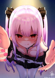 Rule 34 | 1girl, :q, absurdres, akaya shiki, collar, collarbone, dress, flat chest, foreshortening, hair ribbon, highres, hololive, licking lips, long hair, looking at viewer, nail polish, official alternate costume, pink hair, pink nails, red eyes, ribbon, shaded face, skull collar, solo, thighhighs, tongue, tongue out, two side up, uruha rushia, uruha rushia (3rd costume), virtual youtuber, white thighhighs, zettai ryouiki