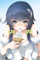 Rule 34 | 10s, 1girl, arm at side, bare shoulders, black hair, blue hair, blush, breasts, casual, dress, food, gradient background, grey eyes, hair ornament, hair scrunchie, hair tubes, highres, holding, holding food, ice cream, ice cream cone, kantai collection, licking, long hair, mizuho (kancolle), momin, off-shoulder dress, off shoulder, pleated dress, puffy short sleeves, puffy sleeves, scrunchie, short dress, short sleeves, sidelocks, soft serve, solo, strapless, strapless dress, tongue, white dress