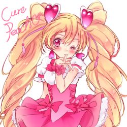 Rule 34 | 00s, 1girl, blonde hair, blush, bow, character name, corset, cure peach, earrings, fresh precure!, hair ornament, heart, heart earrings, heart hair ornament, jewelry, long hair, looking at viewer, magical girl, momozono love, one eye closed, pink bow, pink eyes, pink skirt, precure, skirt, solo, twintails, upper body, uzuki aki, white background, wrist cuffs