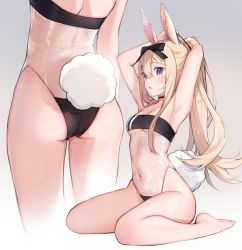 Rule 34 | 1girl, animal ears, armpits, arms up, ass, bare arms, bare legs, barefoot, blonde hair, blue eyes, blush, breasts, commentary, english commentary, gris swimsuit, hair between eyes, highres, long hair, looking at viewer, medium breasts, meme attire, multiple views, navel, one-piece swimsuit, parted lips, ponytail, rabbit ears, rabbit tail, see-through, simple background, stomach, swimsuit, tail, tying hair, very long hair, virtual youtuber, vyugen, yenko (vtuber), yennineii