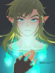 Rule 34 | 1boy, artist name, blonde hair, blue eyes, blue tunic, earrings, fingerless gloves, gloves, glowing, grey background, highres, jewelry, link, long hair, looking at hand, male focus, nintendo, nito minatsuki, parted bangs, pointy ears, sidelocks, solo, the legend of zelda, the legend of zelda: breath of the wild, thick eyebrows, upper body
