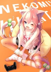 Rule 34 | 1girl, ahoge, amahara pekozaemon, animal ear fluff, animal ears, asymmetrical legwear, bike shorts, blue eyes, boots, cat ears, character name, controller, fang, from above, game controller, hair bobbles, hair ornament, hinata channel, long hair, looking up, low twintails, mismatched legwear, nekomiya hinata, one eye closed, open mouth, orange background, orange thighhighs, pillow, pink hair, shorts, sitting, sleepy, solo, striped clothes, striped thighhighs, thighhighs, twintails, vest, virtual youtuber, white footwear, white vest, wristband, yawning