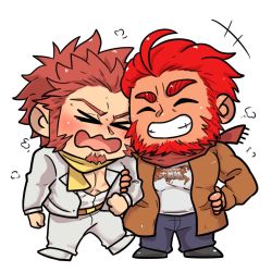 Rule 34 | &gt; &lt;, 2boys, ^ ^, alternate costume, atis (barareiner), bara, beard, belt, blue eyes, blush, brown belt, brown coat, brown hair, chibi, closed eyes, coat, commission, couple, cross scar, denim, facial hair, fate/grand order, fate (series), formal, full body, goatee, heads together, iskandar (fate), jacket, jeans, ladies &amp; gentlemen (fate/grand order), locked arms, long sideburns, male focus, mature male, multiple boys, muscular, muscular male, napoleon bonaparte (fate), pants, pectoral cleavage, pectorals, red eyes, red hair, red scarf, scar, scar on chest, scarf, second-party source, shirt, short hair, sideburns, smile, suit, t-shirt, white background, white jacket, white shirt, yaoi, yellow scarf