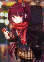Rule 34 | 1girl, absurdres, bad id, bad pixiv id, bag, black pantyhose, blunt bangs, blush, bracelet, cellphone, checkered clothes, checkered skirt, commentary request, enpera, girls&#039; frontline, highres, holding, holding phone, iren lovel, jewelry, long hair, long sleeves, looking at viewer, official alternate costume, one side up, outdoors, pantyhose, phone, red eyes, red hair, red scarf, scarf, school uniform, skirt, snowing, solo, standing, uniform, wa2000 (date in the snow) (girls&#039; frontline), wa2000 (girls&#039; frontline)