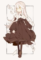 Rule 34 | 1girl, brown dress, brown pantyhose, commentary, dress, english commentary, feathers, full body, long hair, long sleeves, looking to the side, melanbread, original, pantyhose, shoes, skirt hold, solo, white hair, yellow eyes