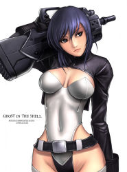 Rule 34 | 1girl, belt, belt skirt, black gloves, black jacket, blue eyes, blue hair, breasts, breasts apart, bullpup, cleavage, closed mouth, copyright name, covered navel, cowboy shot, crop top, cropped jacket, curvy, czn-m22, dated, ghost in the shell, gloves, groin, gun, hair between eyes, head tilt, highleg, highleg leotard, hip focus, holding, holding gun, holding weapon, jacket, kusanagi motoko, large breasts, leather, leather jacket, leotard, lips, logo, long sleeves, looking to the side, matching hair/eyes, open clothes, open jacket, over shoulder, rifle, ryu (ryu&#039;s form site), short hair, simple background, solo, standing, thighhighs, turtleneck, typo, weapon, weapon over shoulder, white background, white leotard, white thighhighs, wide hips