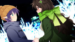 Rule 34 | 2girls, aqua eyes, blurry, blurry background, blush, brown hair, christmas lights, coat, copyright name, dutch angle, elf, eye contact, green coat, green scarf, grey coat, hair ornament, holding hands, highres, kerberos blade, l (matador), long hair, looking at another, multiple girls, night, night sky, orange headwear, outdoors, pointy ears, purple hair, red eyes, scarf, short hair, sky, upper body