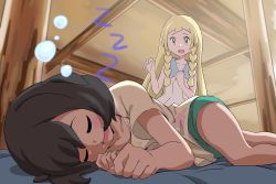 Rule 34 | 2girls, bare arms, black hair, blonde hair, braid, bubble, ceiling, closed eyes, collarbone, collared dress, commentary request, creatures (company), dress, drooling, eyelashes, game freak, green eyes, green shorts, highres, indoors, lillie (pokemon), long hair, looking down, lying, multiple girls, nintendo, on side, open mouth, pokemon, pokemon sm, raised eyebrows, saliva, selene (pokemon), shirt, short hair, short shorts, short sleeves, shorts, sleeping, sleeveless, sleeveless dress, sweatdrop, t-shirt, tongue, twin braids, white dress, yellow shirt, yusuke oshida, zzz