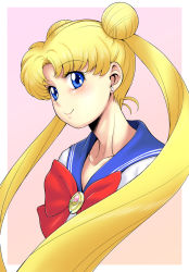 Rule 34 | 1girl, bishoujo senshi sailor moon, blonde hair, blue eyes, blue sailor collar, blush, border, bow, bowtie, brooch, closed mouth, collarbone, commentary request, cropped shoulders, double bun, earrings, hair bun, jewelry, juuban middle school uniform, kouda tomohiro, long hair, looking at viewer, parted bangs, pink background, red bow, red bowtie, sailor collar, school uniform, serafuku, smile, solo, stud earrings, tsukino usagi, twintails, very long hair, white border