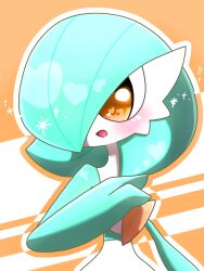 Rule 34 | 1girl, alternate color, arm at side, artist name, blue hair, blue skin, blush, bob cut, colored skin, creatures (company), female focus, flat chest, game freak, gardevoir, gen 3 pokemon, hair over one eye, hand up, happy, heart, heart in eye, highres, looking to the side, multicolored skin, nintendo, one eye covered, open mouth, orange background, orange eyes, orange outline, outline, pokemon, pokemon (creature), shiny pokemon, short hair, signature, smile, solo, sparkle, standing, symbol in eye, twitter username, two-tone background, two-tone skin, upper body, white outline, white skin, yuri (fl0werspace)