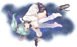 Rule 34 | 1girl, blue eyes, char&#039;s counterattack, commentary request, green hair, gundam, highres, kuroi mimei, long hair, long sleeves, looking at viewer, miniskirt, quess paraya, shoes, unworn shoes, sidelocks, skirt, solo, twintails, upside-down, white legwear