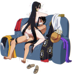 Rule 34 | 1girl, absurdres, age difference, ass, ass grab, black hair, blush, boa hancock, breasts, couch, cowgirl position, grin, happy sex, high heels, highres, large breasts, long hair, monkey d. luffy, nude, older woman and younger man, one piece, sex, smile, straddling, vaginal