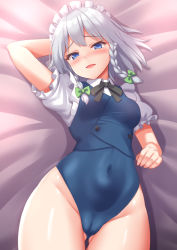 Rule 34 | 1girl, :d, arm behind head, bed, bed sheet, blue eyes, blue leotard, braid, cameltoe, cleft of venus, commission, frills, izayoi sakuya, leotard, looking at viewer, lying, maid, maid headdress, medium hair, open mouth, short sleeves, skeb commission, smile, solo, thighs, tokyo yamane, touhou, touhou tag dream, twin braids, white hair, wrestling outfit