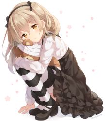 Rule 34 | 10s, 1girl, black skirt, blonde hair, blush, boko (girls und panzer), closed mouth, commentary request, full body, girls und panzer, hair between eyes, hairband, high-waist skirt, hitsukuya, legs together, long sleeves, looking at viewer, shimada arisu, shirt, skirt, solo, squatting, striped clothes, striped thighhighs, stuffed animal, stuffed toy, teddy bear, thighhighs, two side up, white shirt, yellow eyes